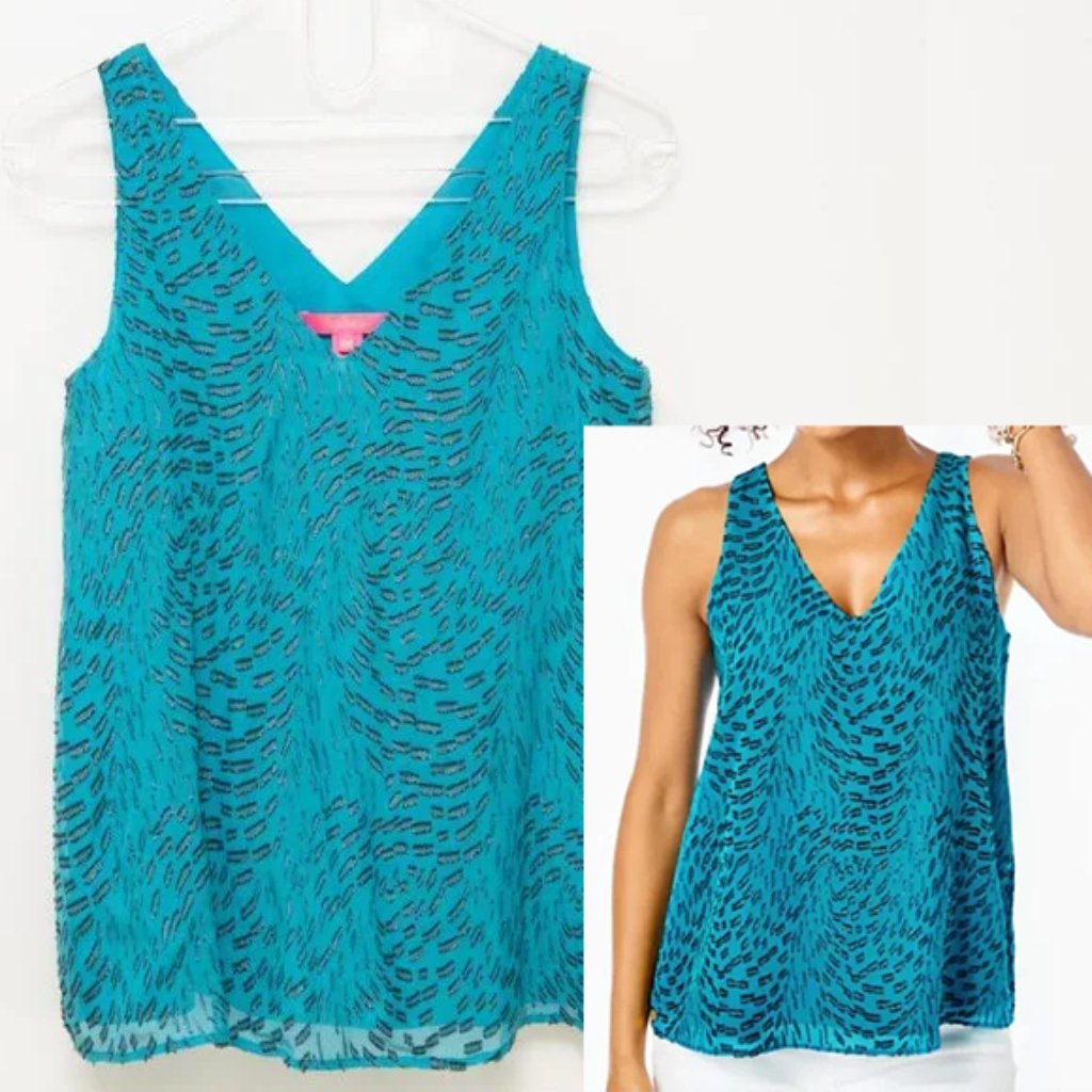 Lilly Pulitzer Florin Tank Top V-Neck Silk Sleeveless Blouse Metallic Blue Xxs